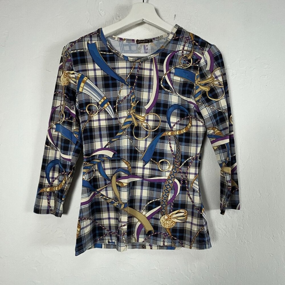 J. McLaughlin Womens Horsebit Equestrian Knit 3/4 Sleeve Top XS Blue Stretch